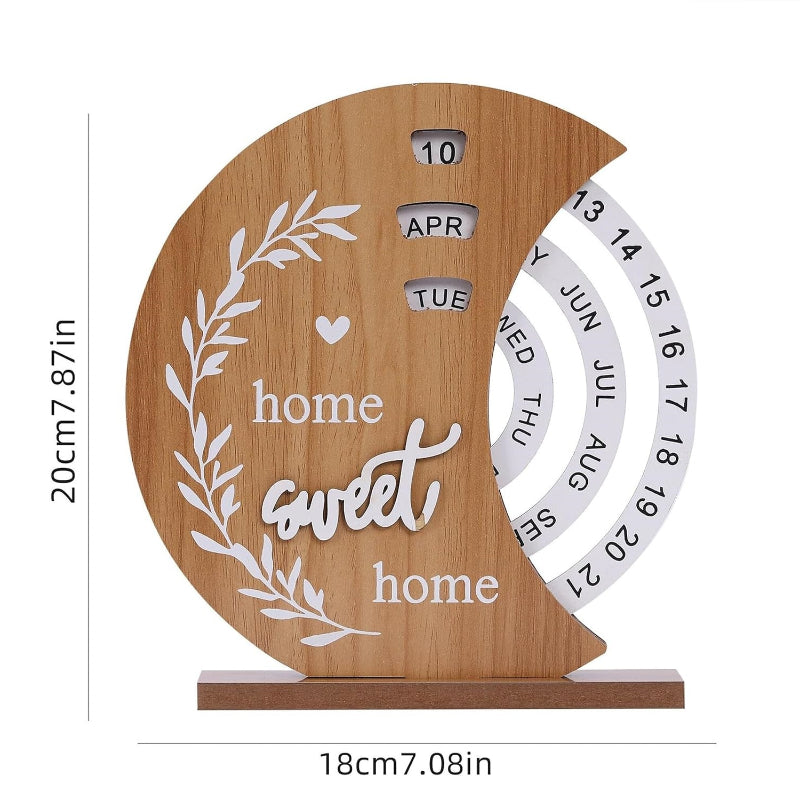 Moon-Shaped Manual Rotating Wooden Disc Perpetual Calendar
