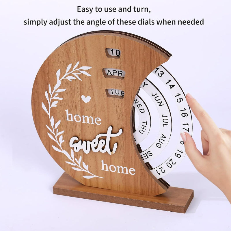 Moon-Shaped Manual Rotating Wooden Disc Perpetual Calendar