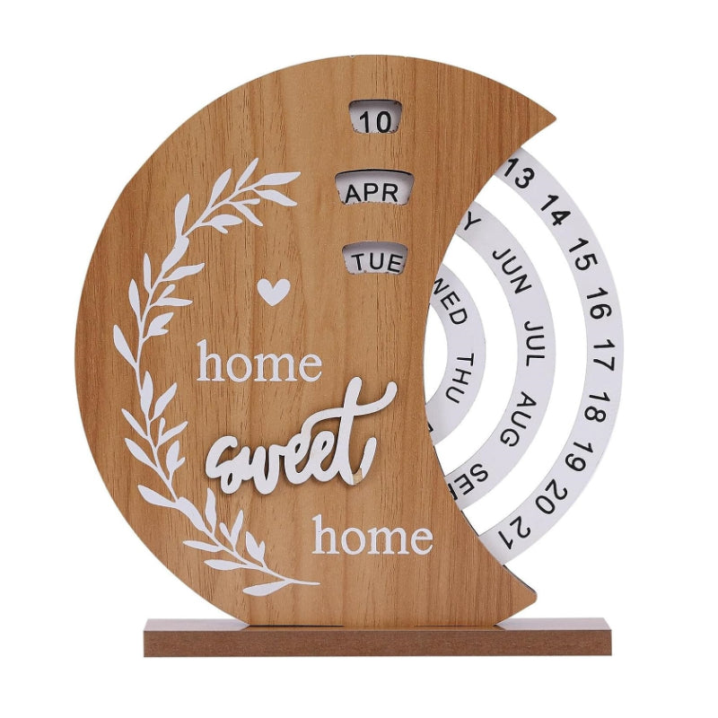 Moon-Shaped Manual Rotating Wooden Disc Perpetual Calendar