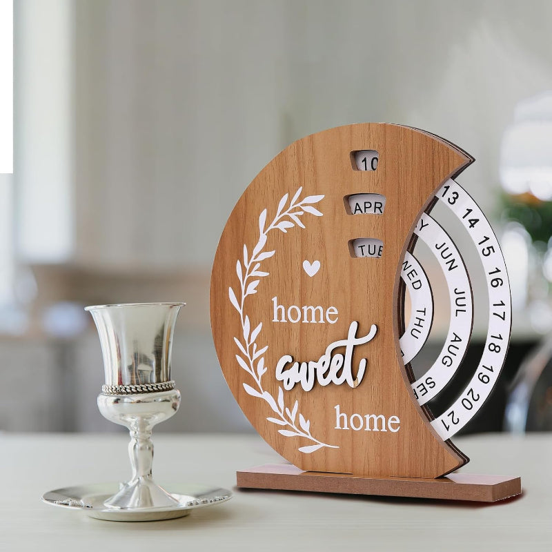 Moon-Shaped Manual Rotating Wooden Disc Perpetual Calendar