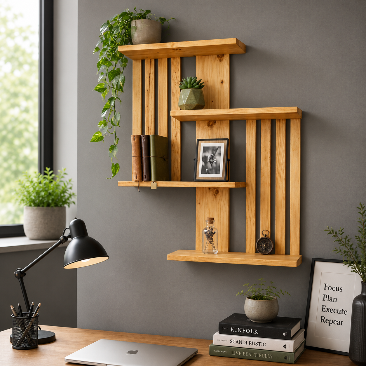 Multi-Tier Wall Mounted Wooden Modern Floating Wall Shelf for Plants, Books, Photo Frames and Home Décor