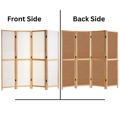 Partition Room Divider - 4-Panel Two-Faced White and Natural Folding Screen Room Divider with Sealed Wooden Frames Fitted with Floor Protectors