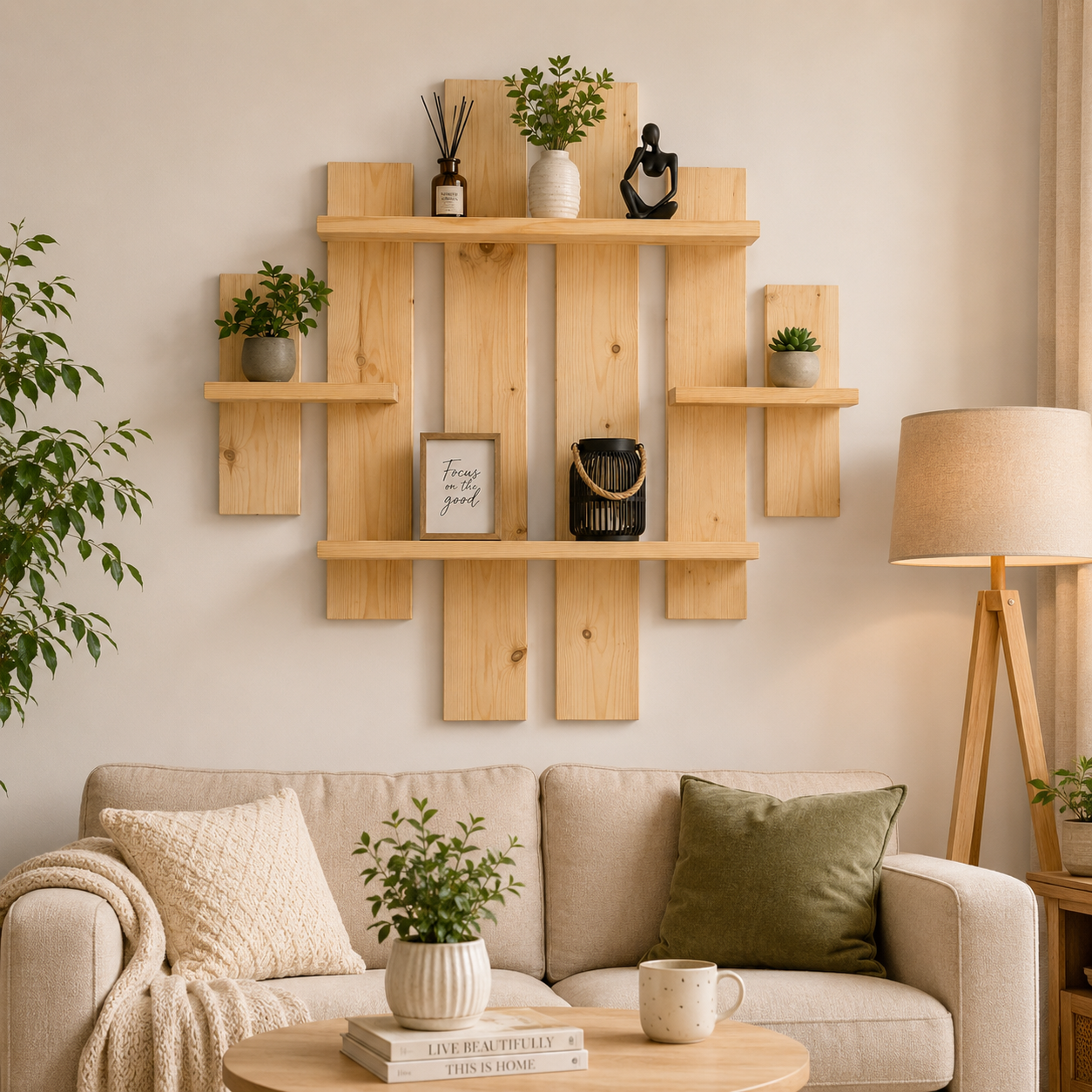 Multi-Tier Wall Mounted Wooden Modern Floating Wall Shelf for Plants, Books, Photo Frames and Home Décor
