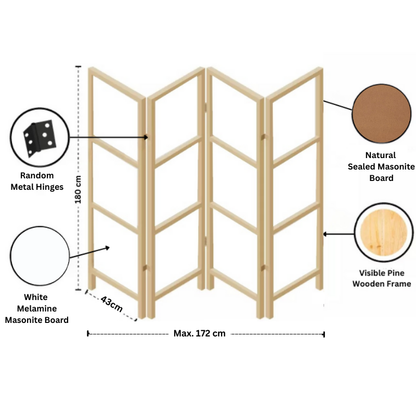 Partition Room Divider - 4-Panel Two-Faced White and Natural Folding Screen Room Divider with Sealed Wooden Frames Fitted with Floor Protectors