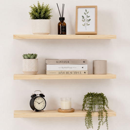 Set of 3 Display Wall Décor Floating Shelves with Hidden Metal - Natural Colour (600 x 140 x 20 mm)