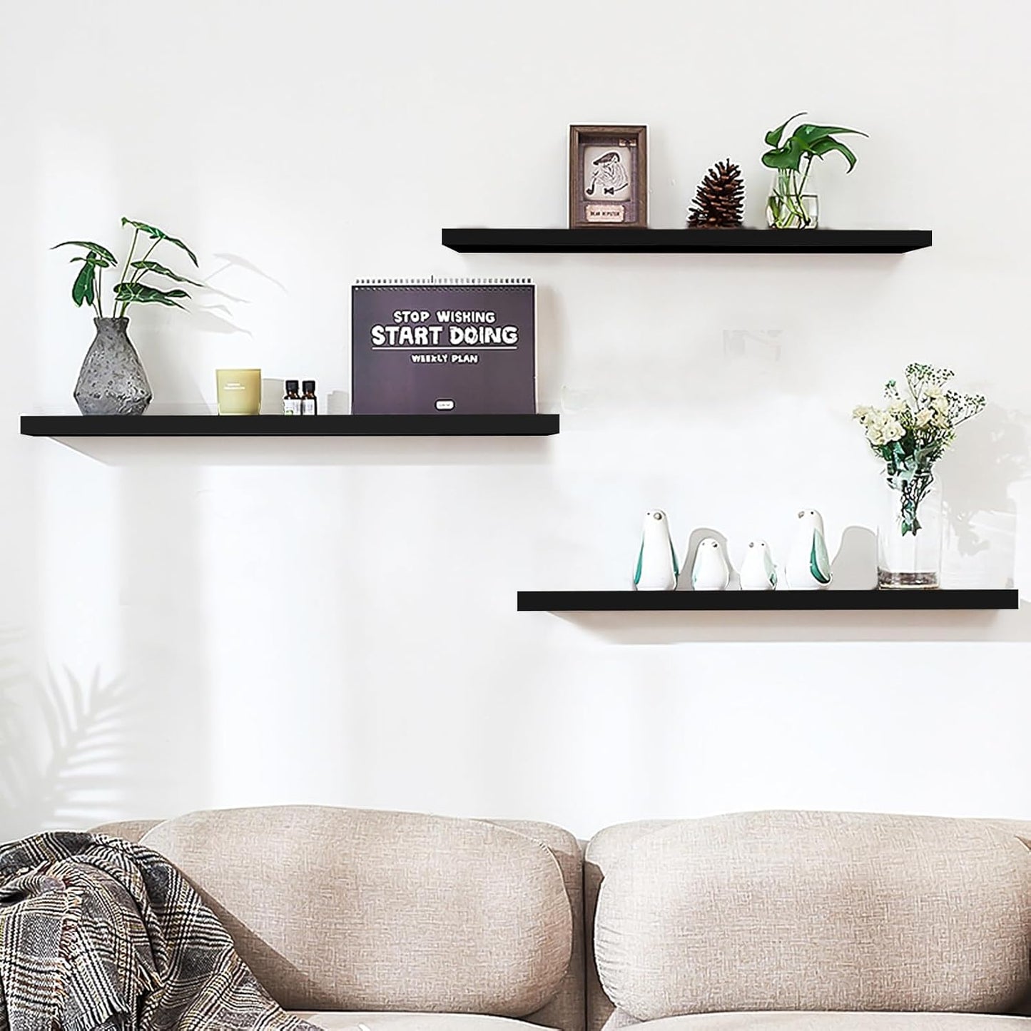 Set of 3 Display Wall Décor Floating Shelves with Hidden Metal - Black (600 x 140 x 20 mm)
