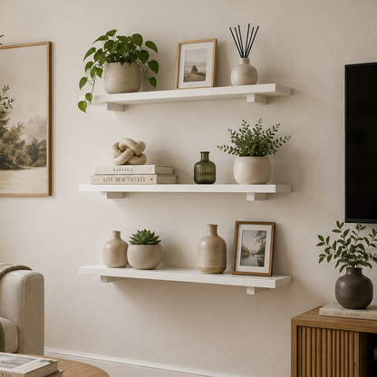 Set of 3 White Minimalist Display Wall Décor Shelves - (600 x 148mm x 18 mm)