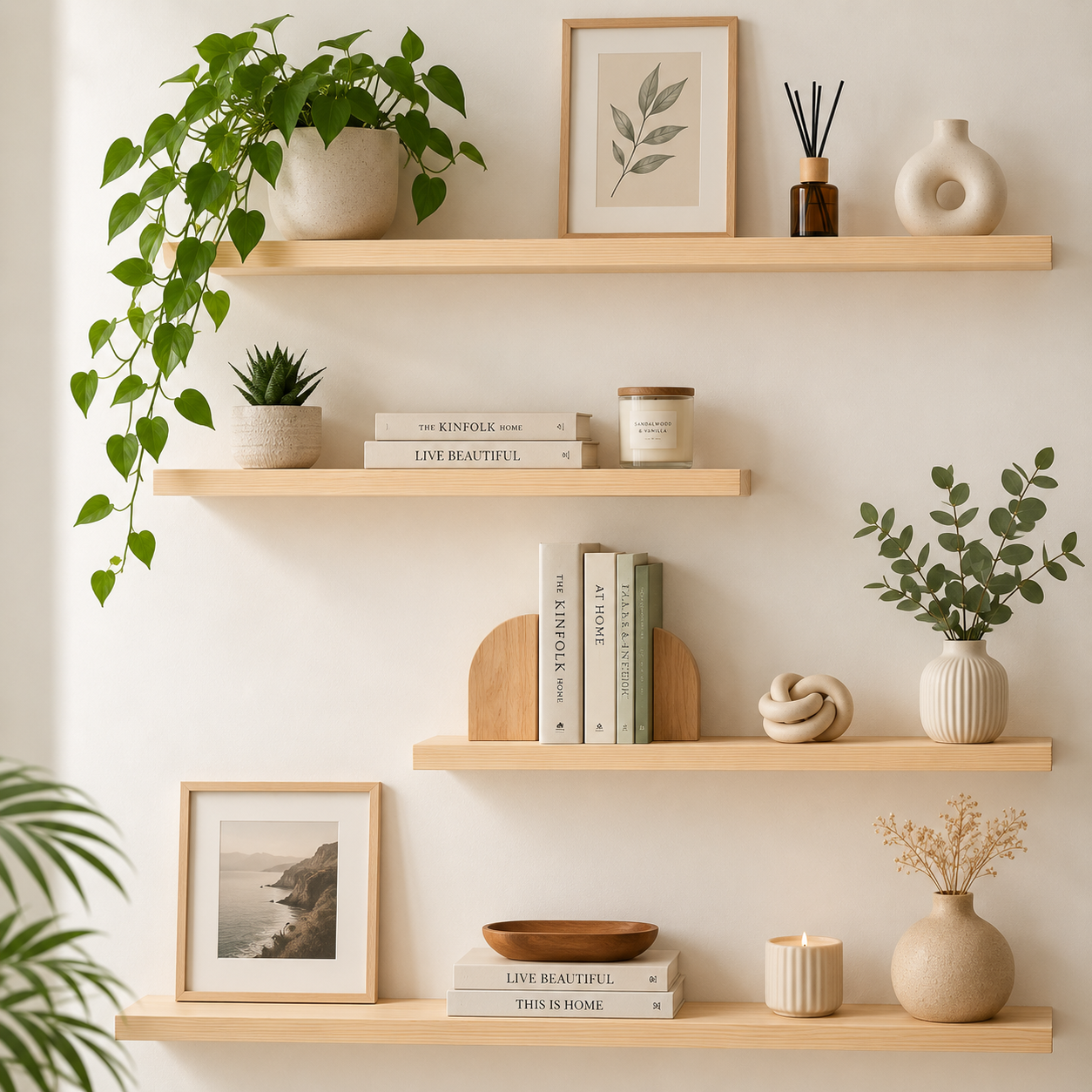 Set of 4 Display Wall Décor Floating Shelves with Hidden Metal - Natural Colour (Mixed Sizes)
