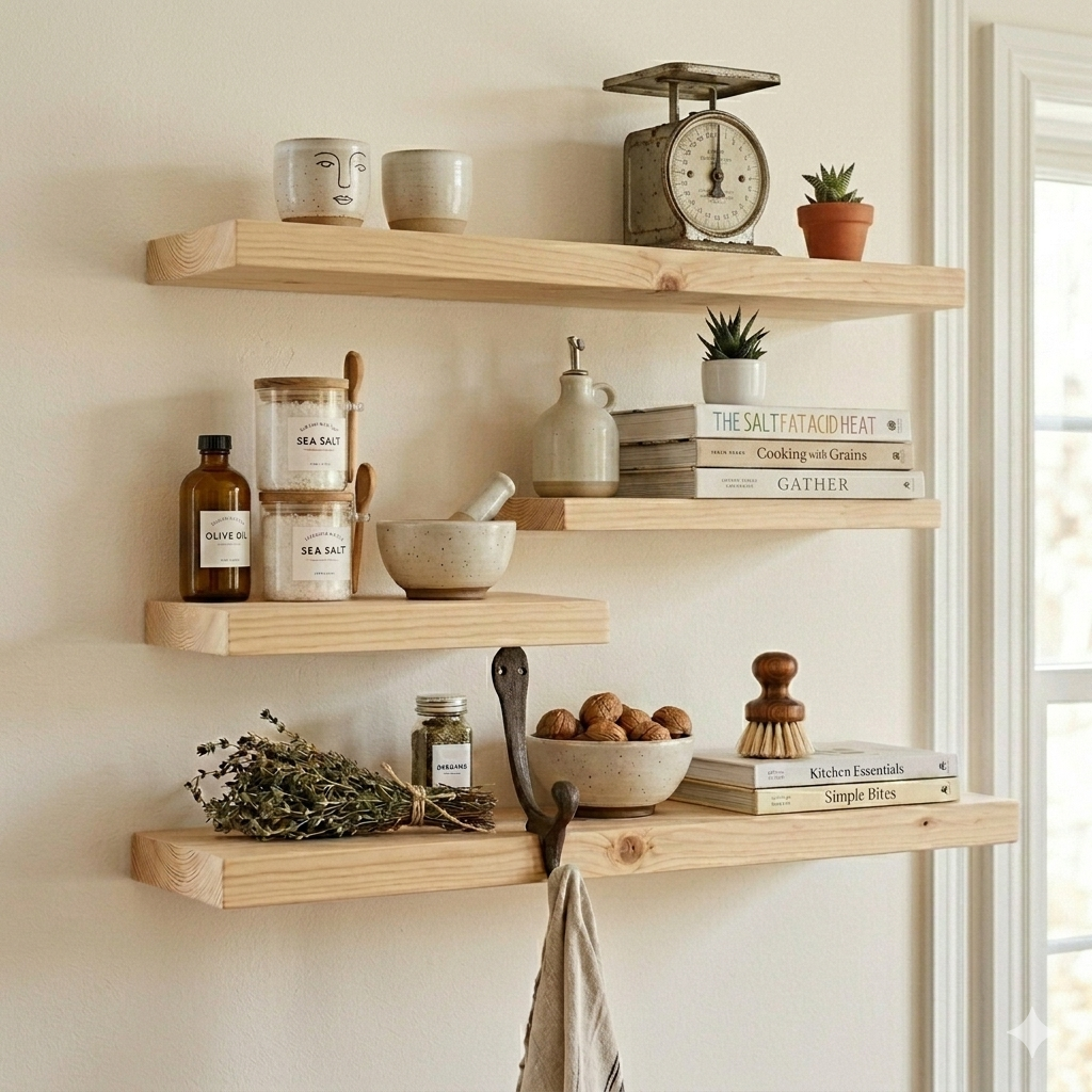 Set of 4 Display Wall Décor Floating Shelves with Hidden Metal - Natural Colour (Mixed Sizes)