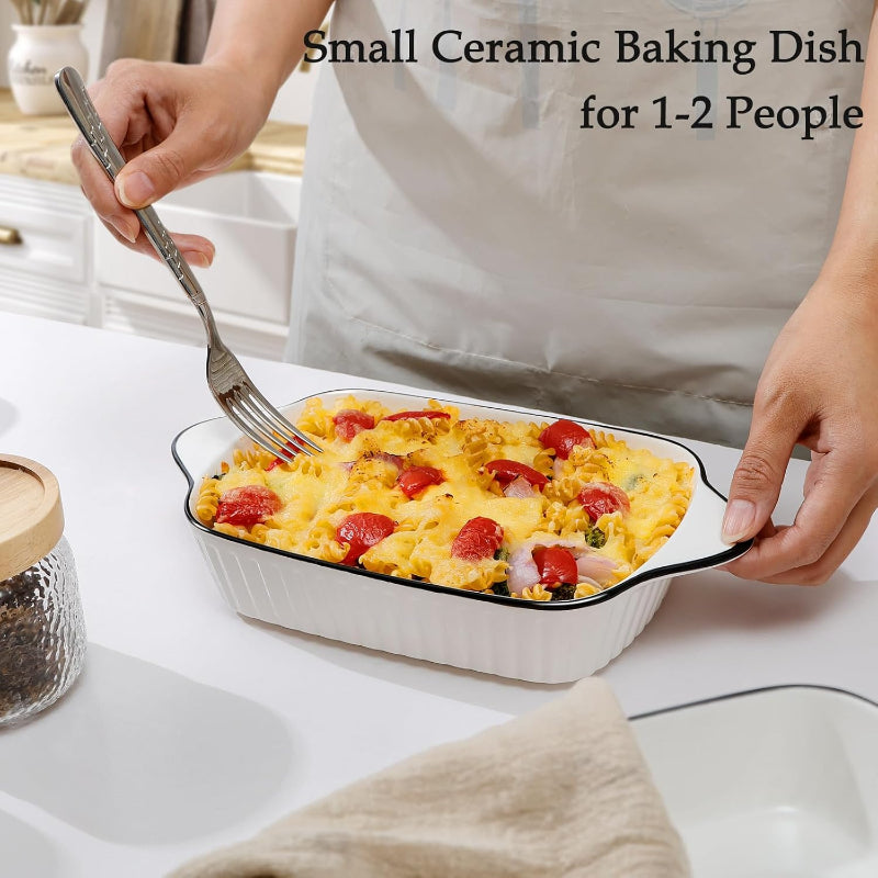 Set of 2 White with Black Rim Ceramic Rectangular Baking Dish with Handles