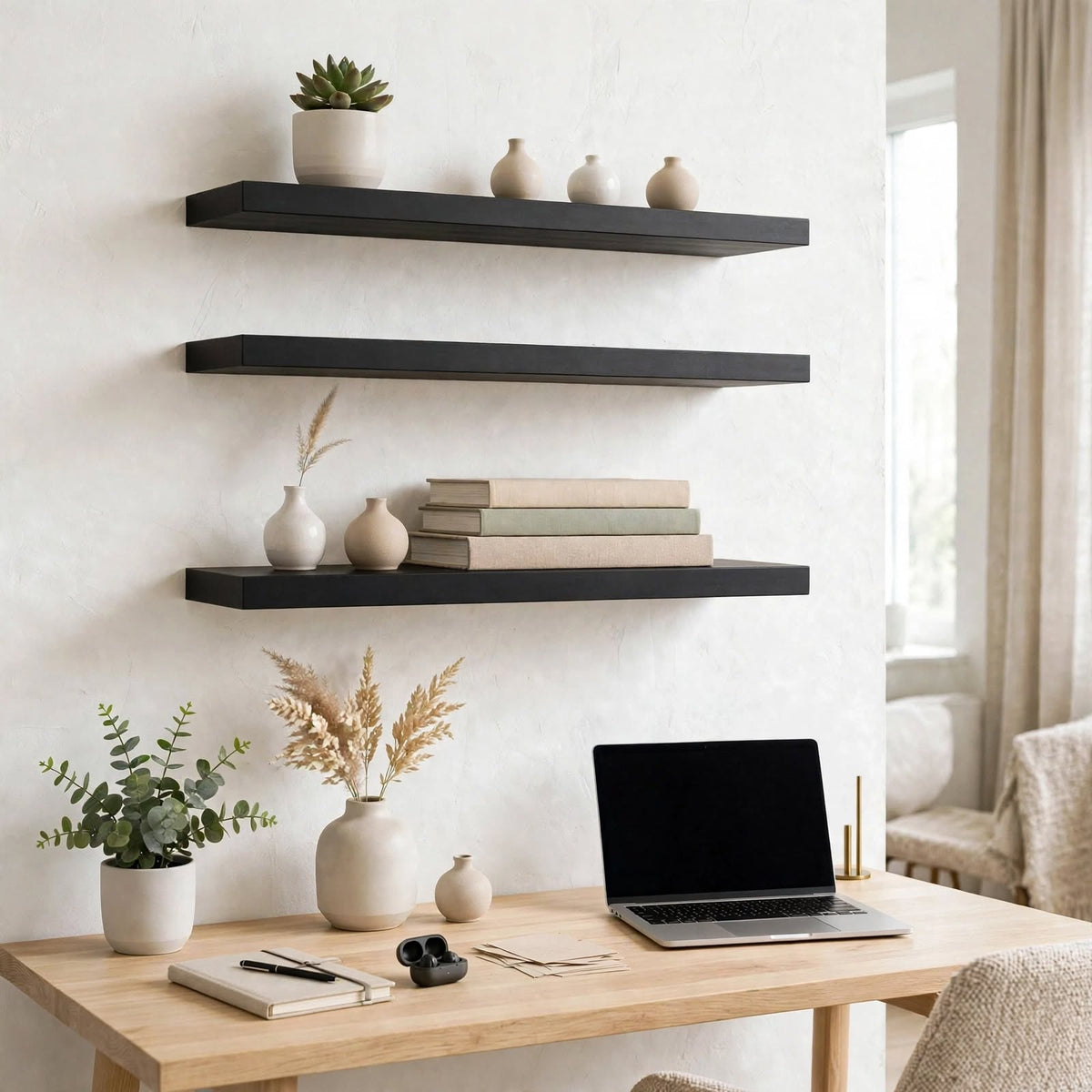 Set of 3 Display Wall Décor Floating Shelves - Black Finish (600 x 150 x 20 mm)