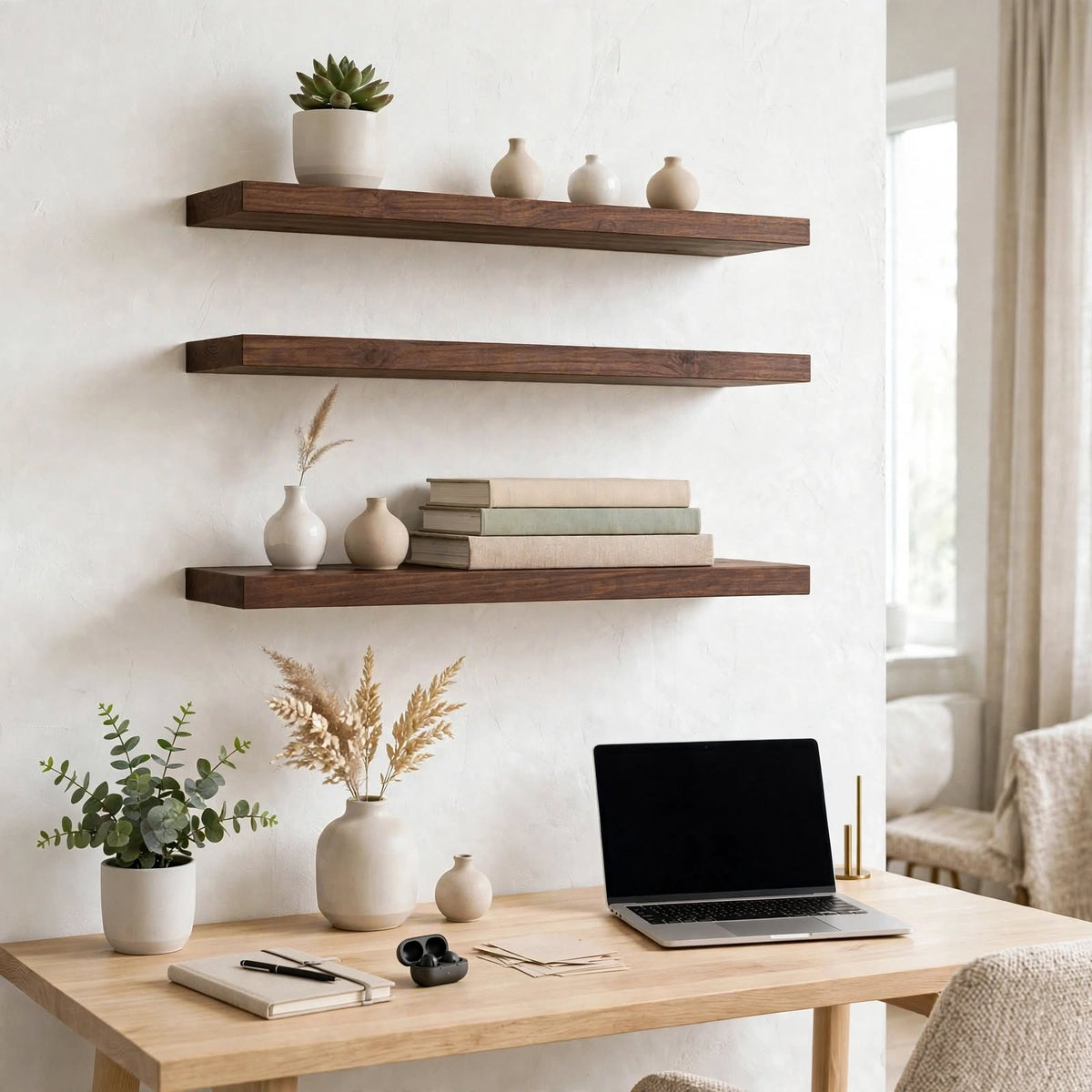 Set of 3 Display Wall Décor Floating Shelves - Dark Brown Finish (600 x 150 x 20 mm)