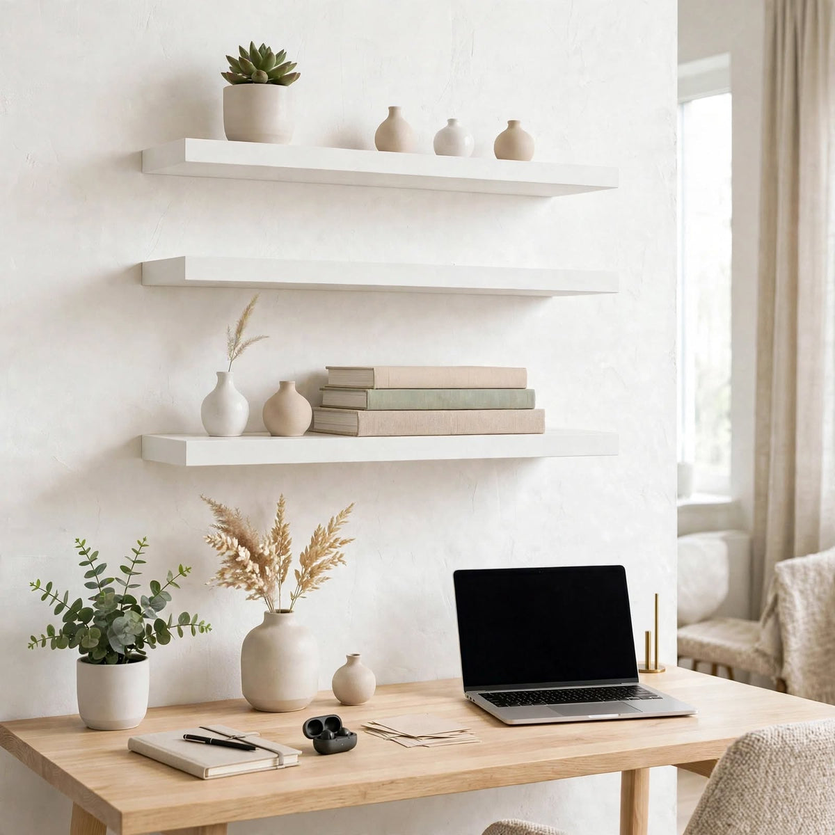 Set of 3 Display Wall Décor Floating Shelves - White Finish (600 x 150 x 20 mm)