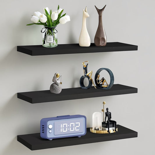 Set of 3 Display Wall Décor Floating Shelves with Hidden Metal - Black (600 x 140 x 20 mm)
