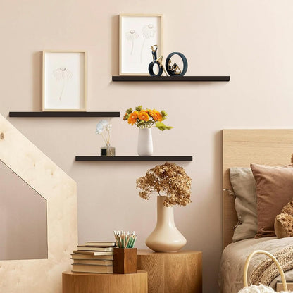 Set of 3 Display Wall Décor Floating Shelves with Hidden Metal - Black (600 x 140 x 20 mm)