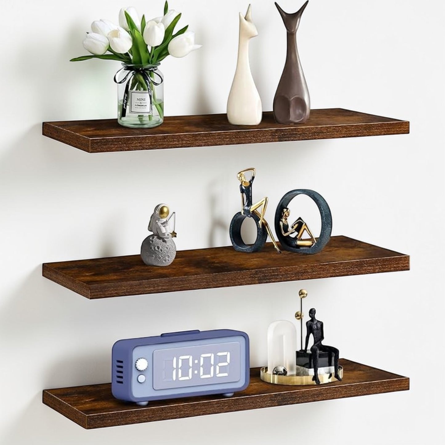 Set of 3 Display Wall Décor Floating Shelves with Hidden Metal - Rustic Brown (600 x 140 x 20 mm)