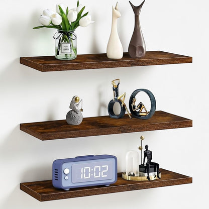 Set of 3 Display Wall Décor Floating Shelves with Hidden Metal - Rustic Brown (600 x 140 x 20 mm)