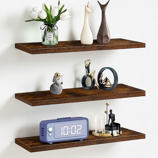Set of 3 Display Wall Décor Floating Shelves with Hidden Metal - Rustic Brown (600 x 140 x 20 mm)
