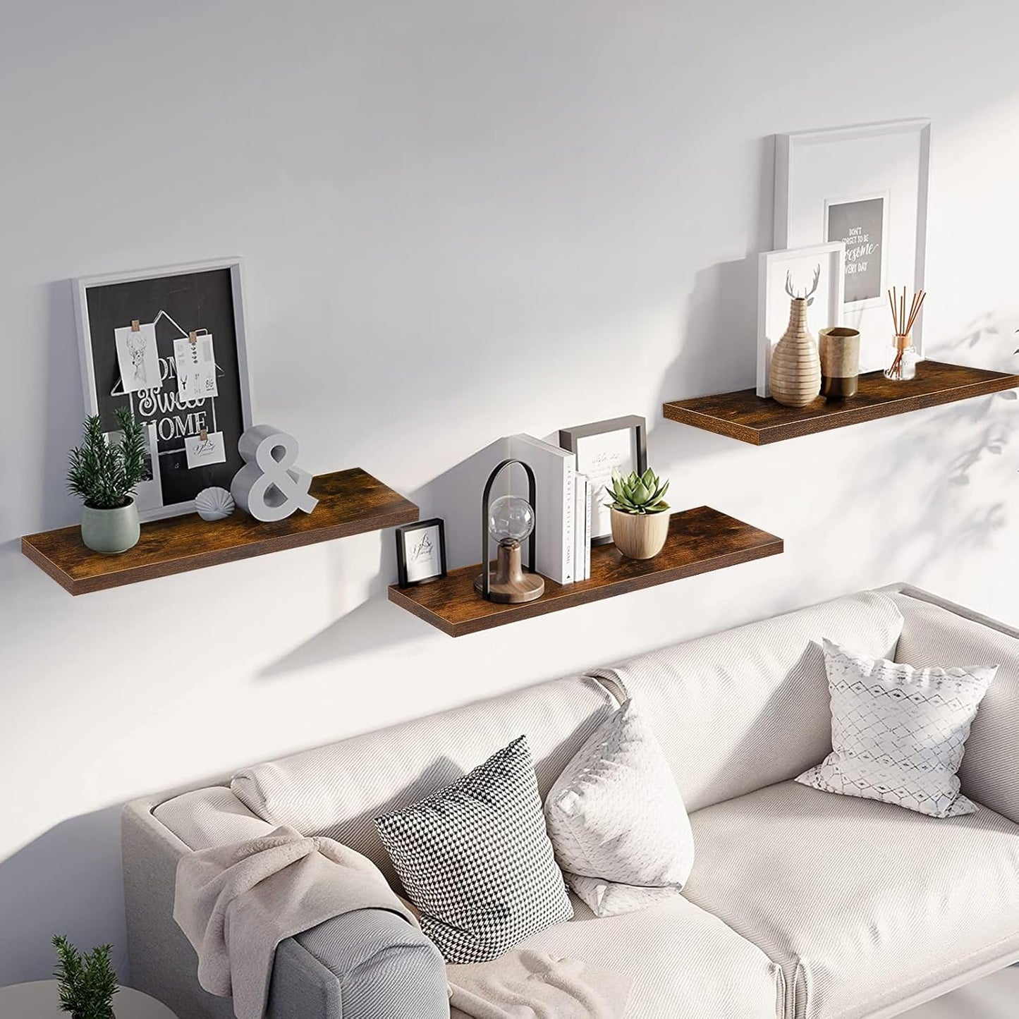 Set of 3 Display Wall Décor Floating Shelves with Hidden Metal - Rustic Brown (600 x 140 x 20 mm)