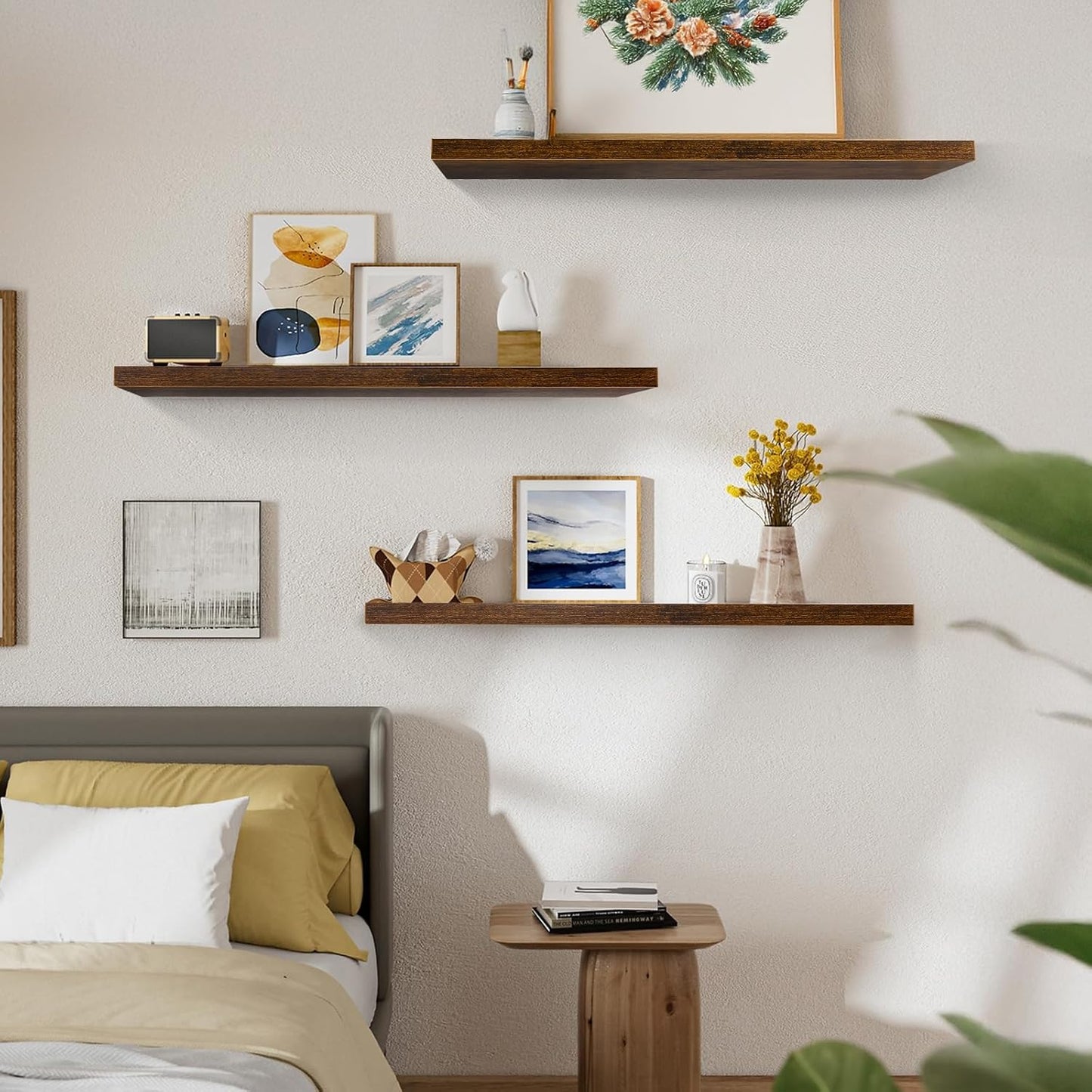 Set of 3 Display Wall Décor Floating Shelves with Hidden Metal - Rustic Brown (600 x 140 x 20 mm)