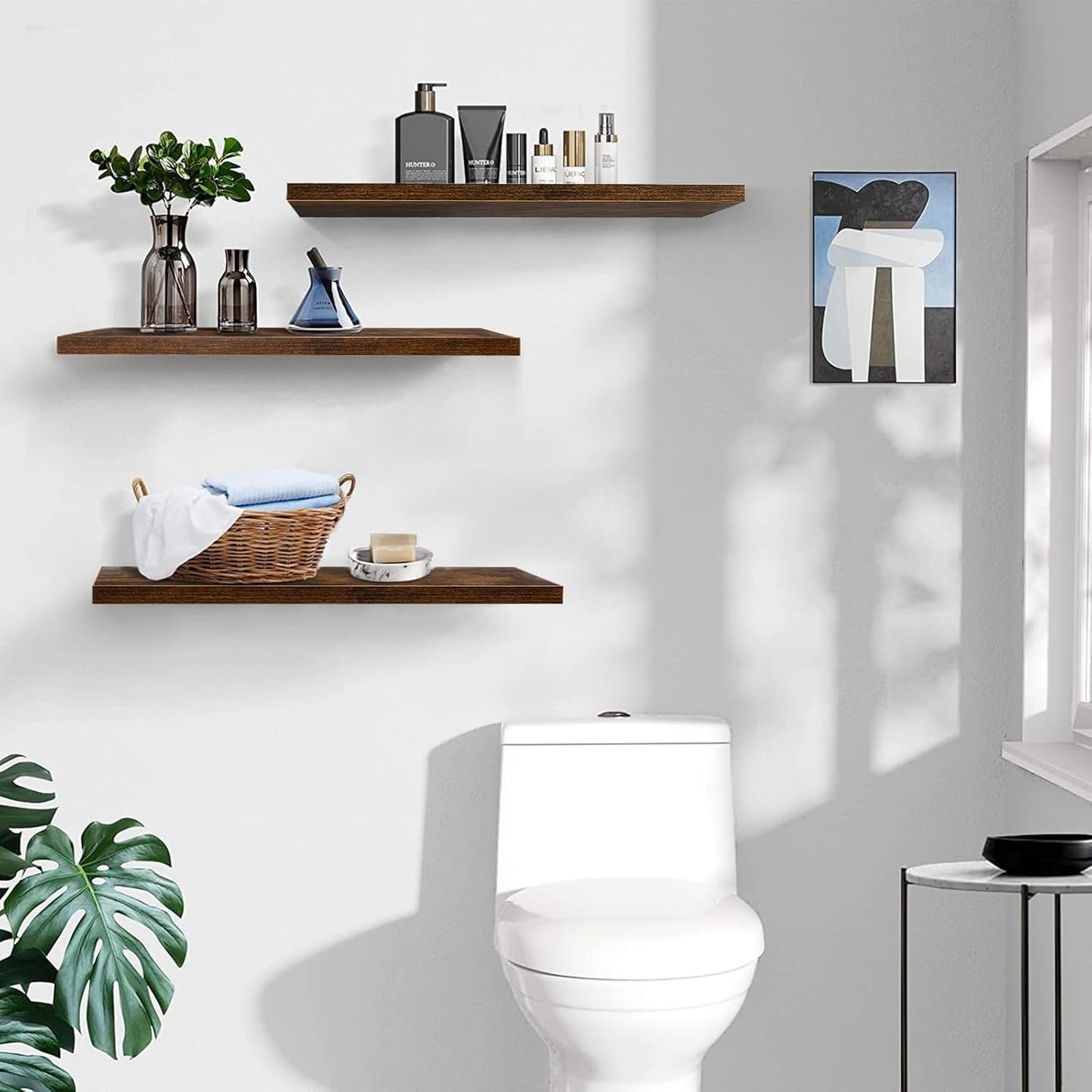 Set of 3 Display Wall Décor Floating Shelves with Hidden Metal - Rustic Brown (600 x 140 x 20 mm)