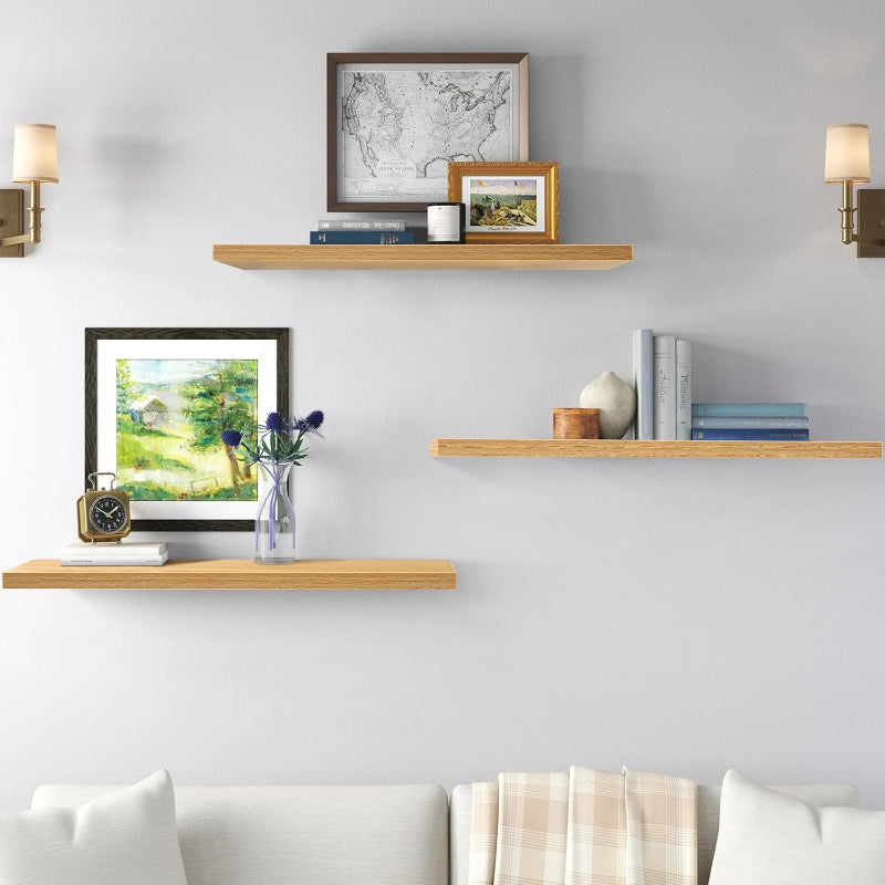 Set of 3 Display Wall Décor Floating Shelves with Hidden Metal - Natural Colour (600 x 140 x 20 mm)