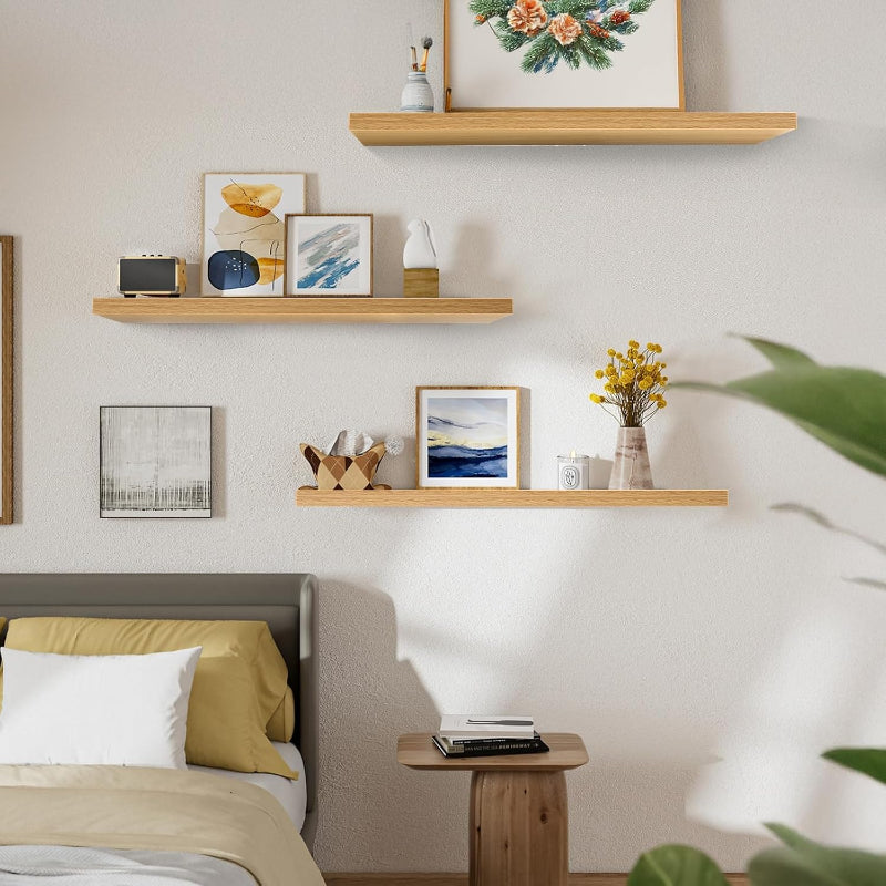 Set of 3 Display Wall Décor Floating Shelves with Hidden Metal - Natural Colour (600 x 140 x 20 mm)
