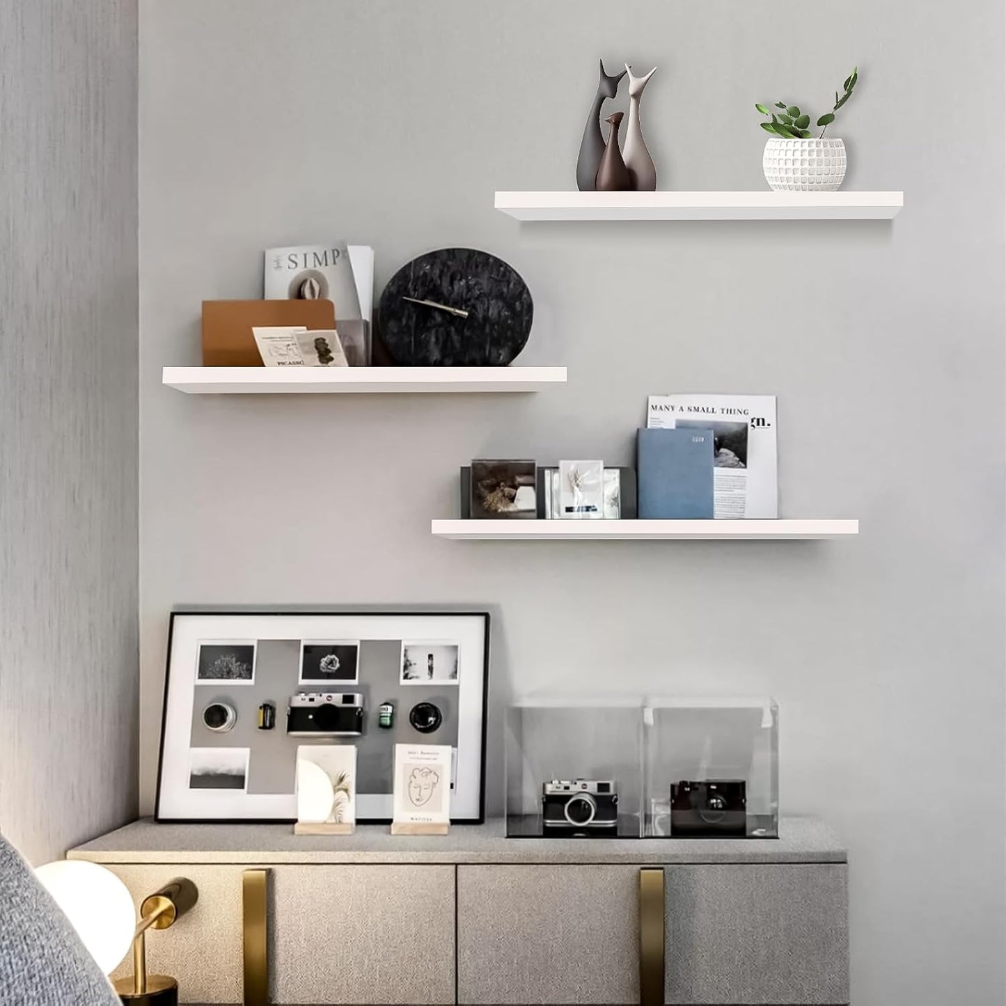 Set of 3 Display Wall Décor Floating Shelves with Hidden Metal - White (600 x 140 x 20 mm)