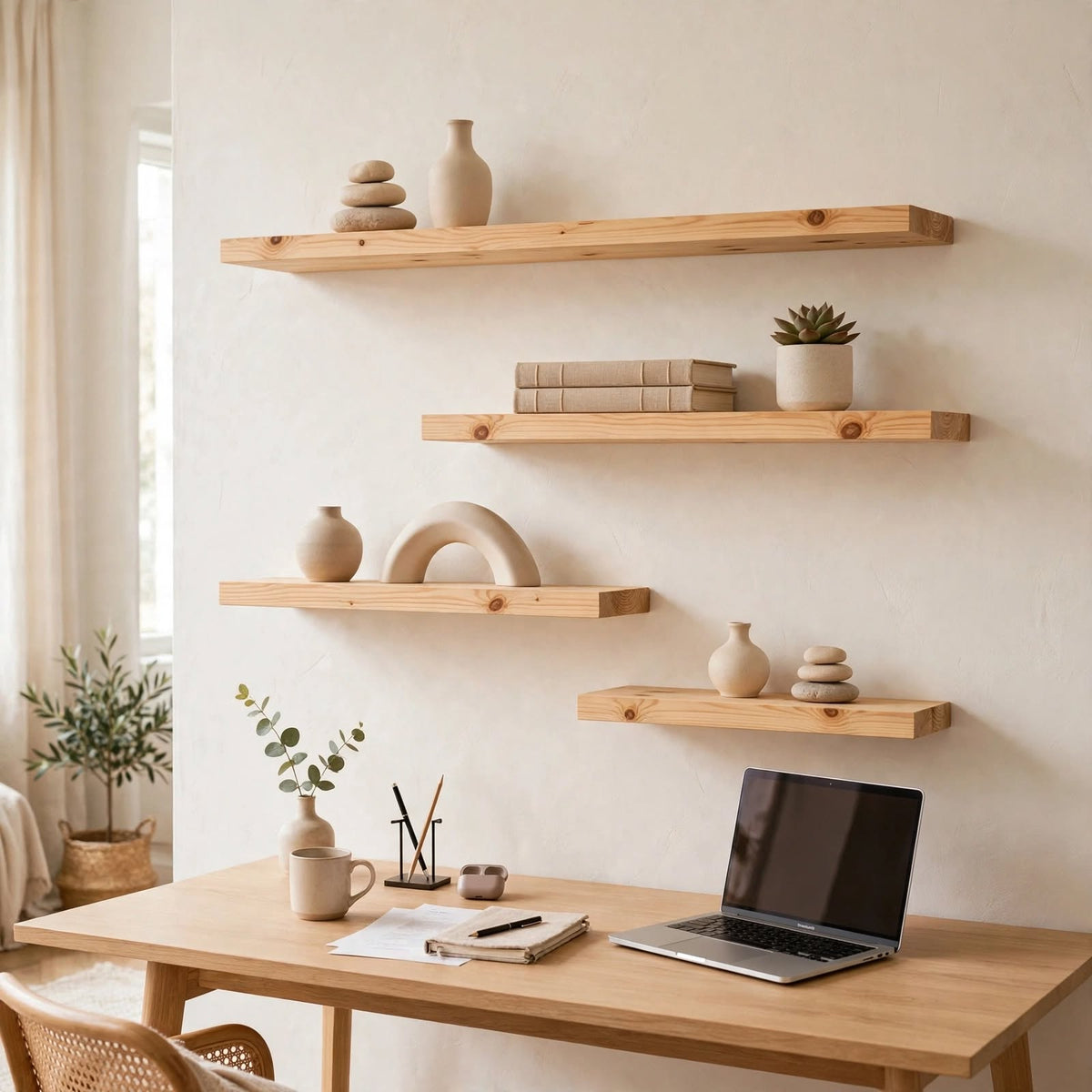 Set of 4 Display Wall Décor Floating Shelves - Natural Finish (Mixed Sizes)