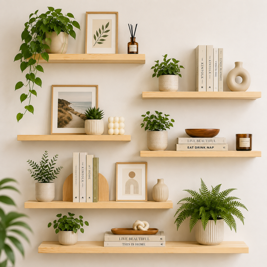 Set of 6 Display Wall Décor Floating Shelves with Hidden Metal - Natural Colour (Mixed Sizes)