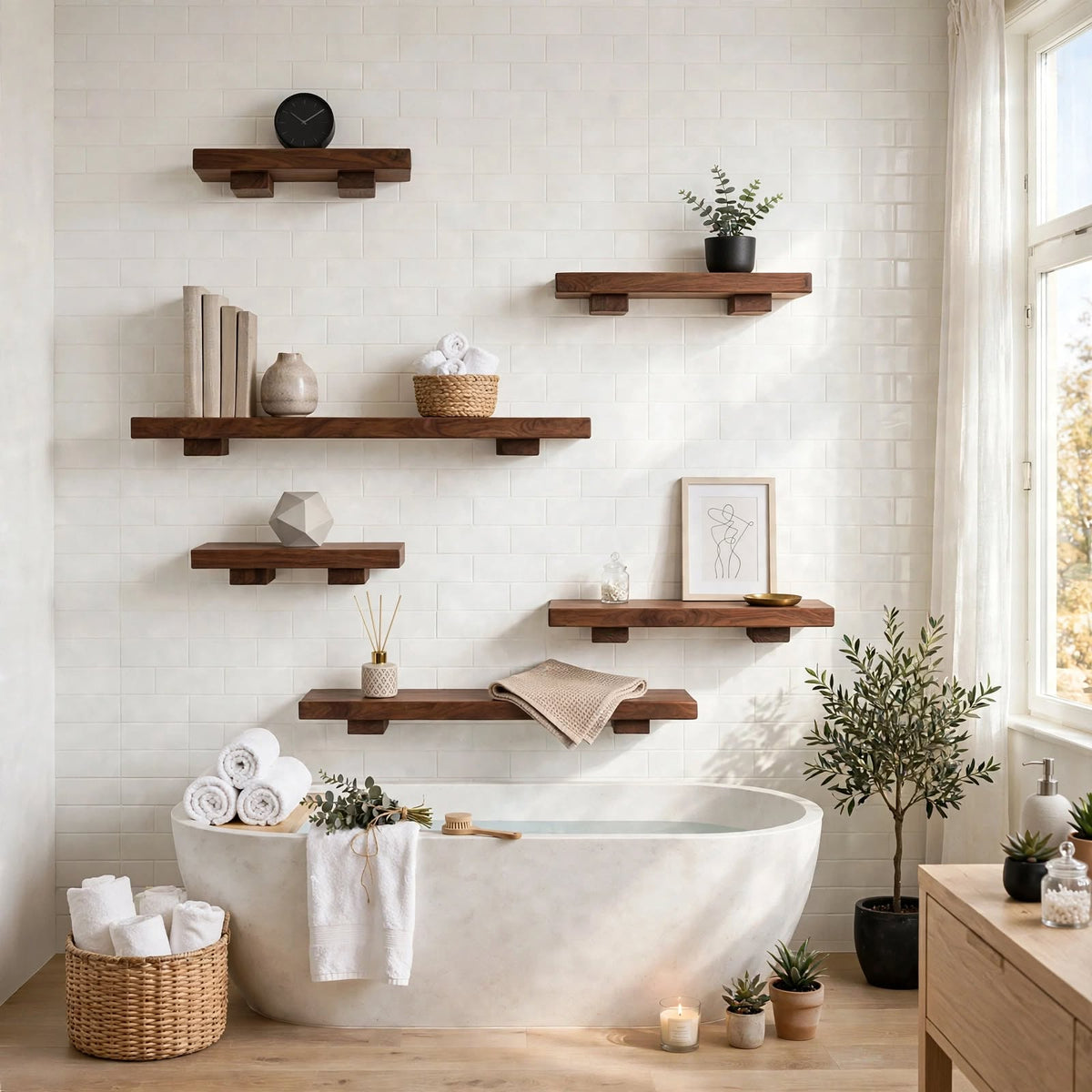 Set of 6 Display Wall Décor Shelves - Dark Brown Finish (Mixed Size)