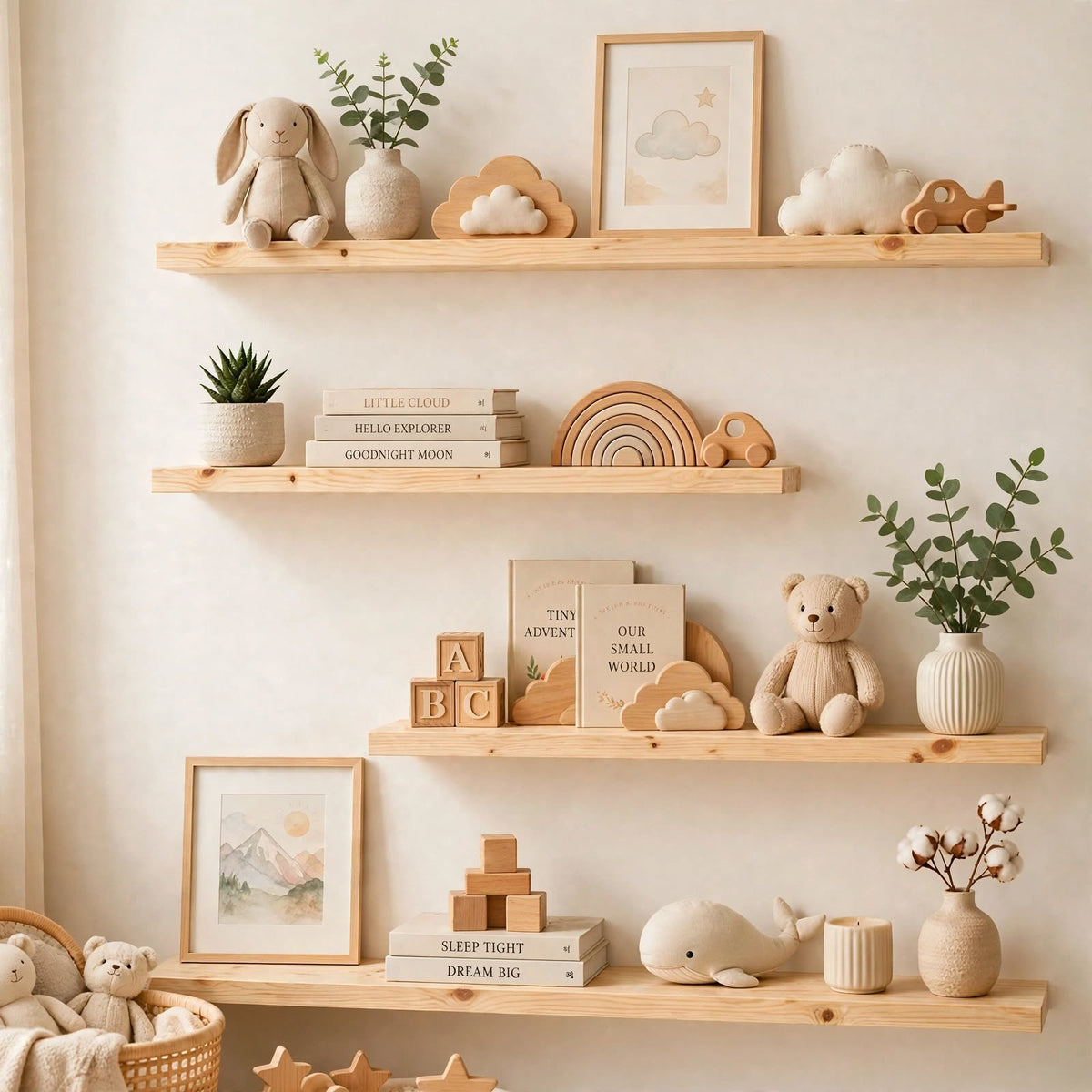 Set of 4 Display Wall Décor Floating Shelves - Natural Finish (Mixed Sizes)