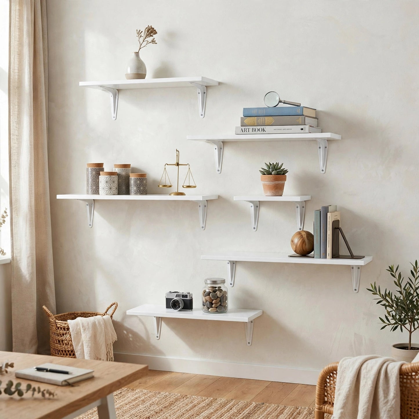 Set of 6 White Display Wall Décor Shelves - (Mixed-Sizes)